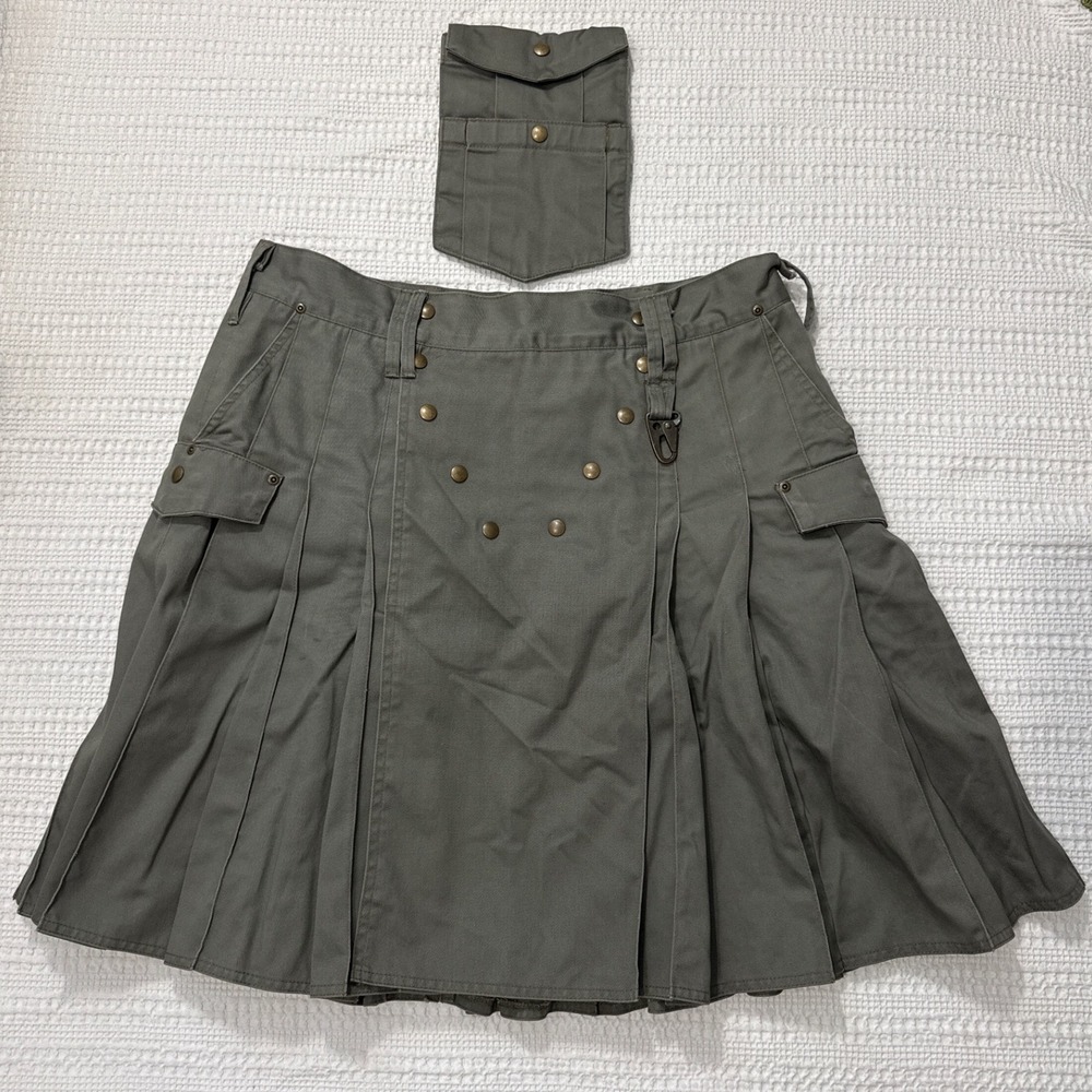 Utilikilts The Survival Kilt Olive Green Cargo Utility Pleated Size 42 x 24.5